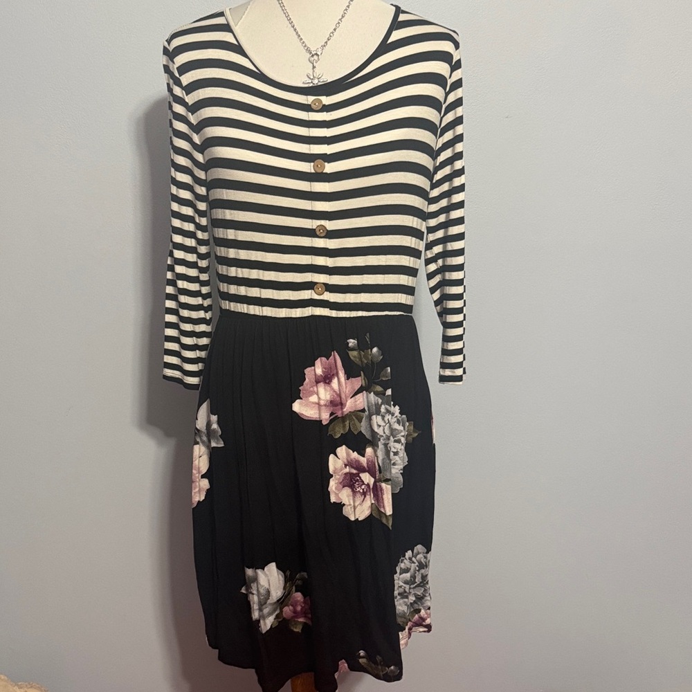 ODDY Black & White Striped Bodice Floral Midi Dress
